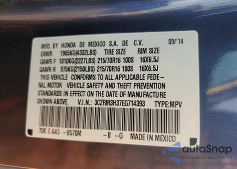 2014 Honda Cr-V Lx z USA, uszkodzony, nr VIN 3CZRM3H37EG714393